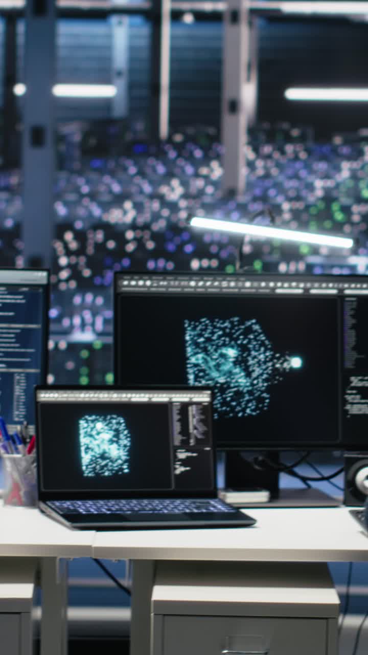 Vertical video Server room system administrators using AI to review infrastructure diagnostics