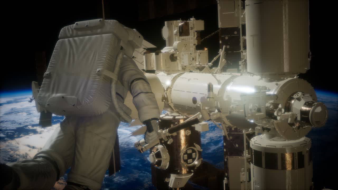 International Space Station and astronaut in outer space over the planet Earth