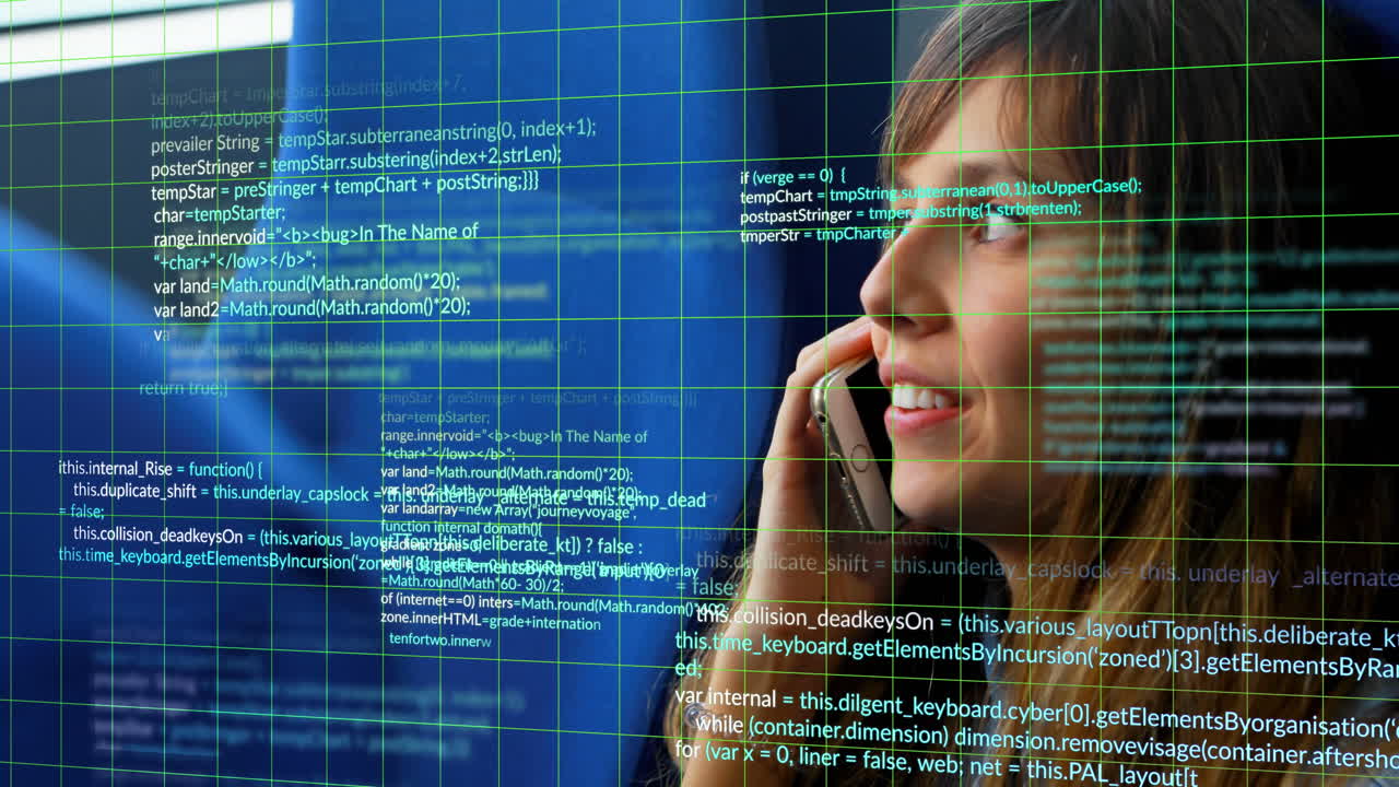 Animation of data processing over caucasian businesswoman using smartphone