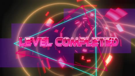 animación del texto completado de nivel sobre el túnel de neón