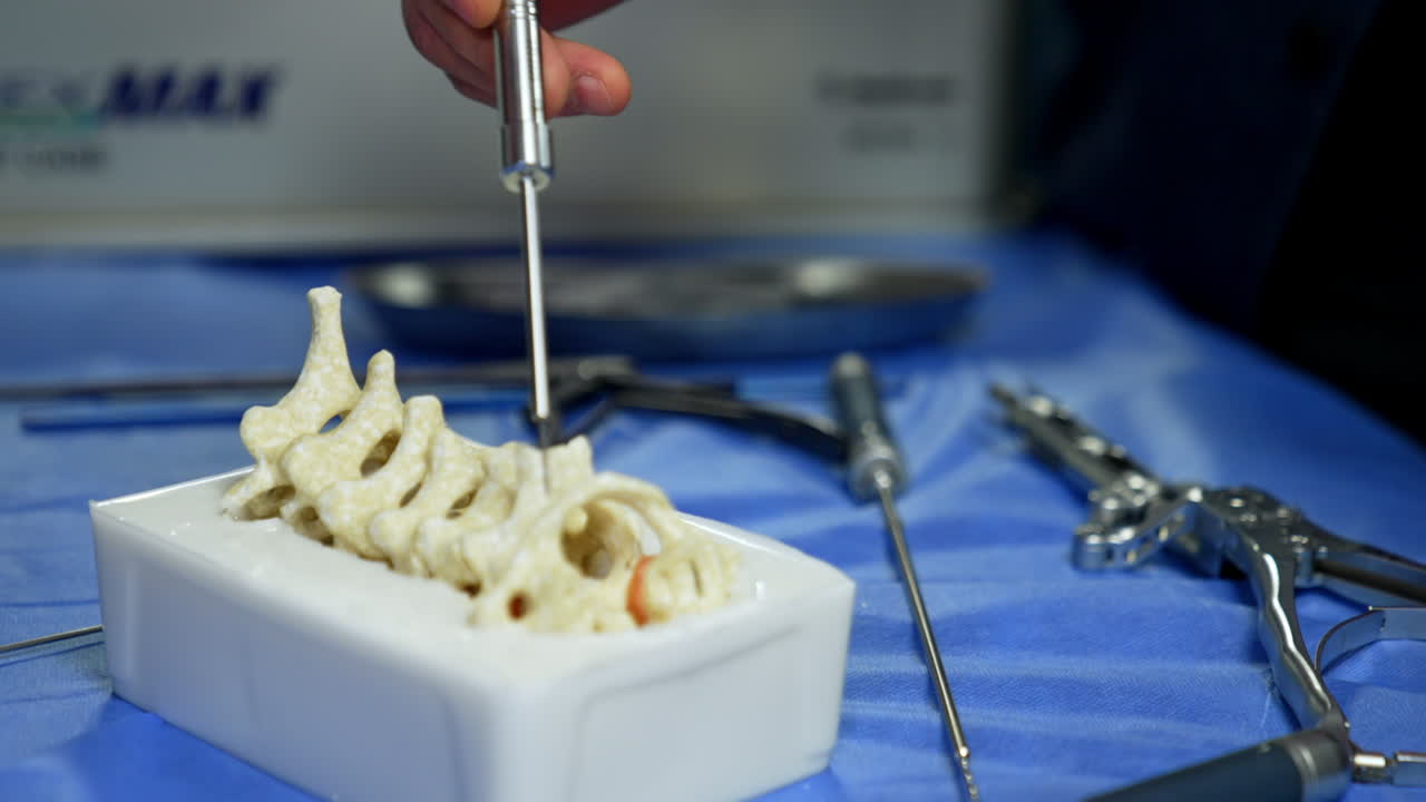 Modern medical instruments are applied on the dummy of spine. Other tools lie around. Practice in neurosurgery, experience exchange. Close up.