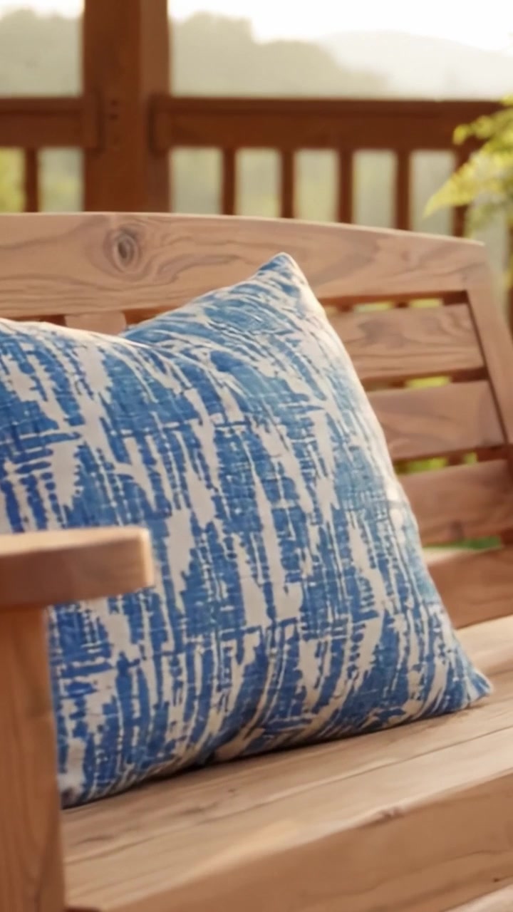 Un'accogliente altalena da esterno con un soffice cuscino blu, perfetta per il relax nella dolce brezza di un ambiente naturale pittoresco.