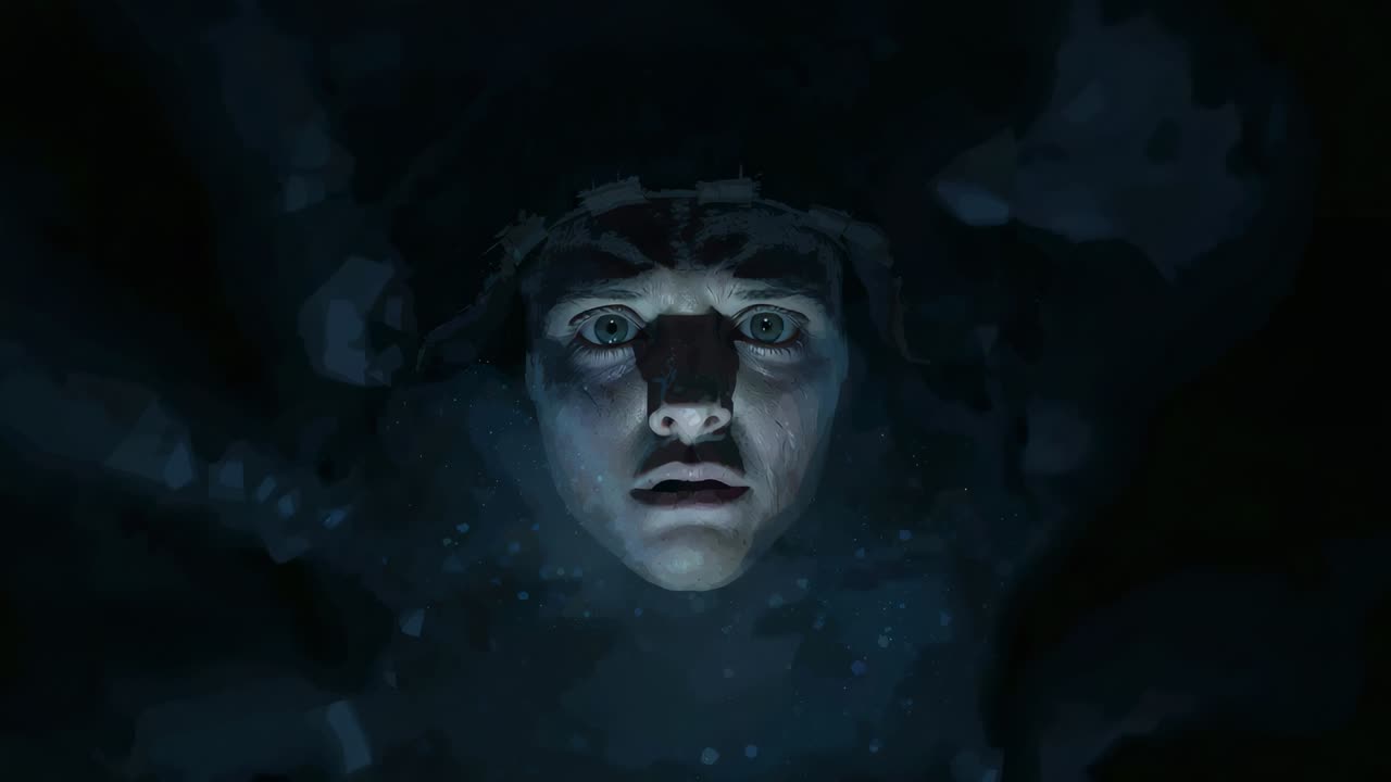 Reacting to blue light rednose helmet man staring up blinking breathing seeking exit amid dark dust