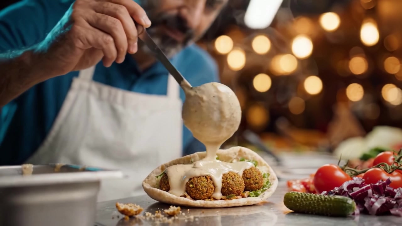 Un capolavoro culinario svelato: deliziosa pita di falafel guarnita con salsa cremosa in un'atmosfera di cucina accogliente e calda, piena di ingredienti freschi e sapore.