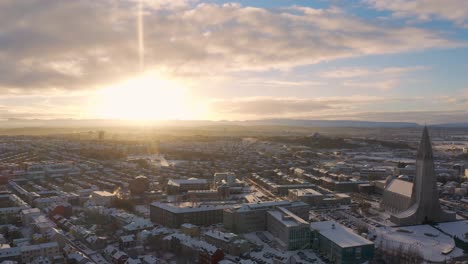 Aerial-view-of-Hallgrimskirkja-Church-in-Reykjavik-in-Iceland-on-a-snowy-day