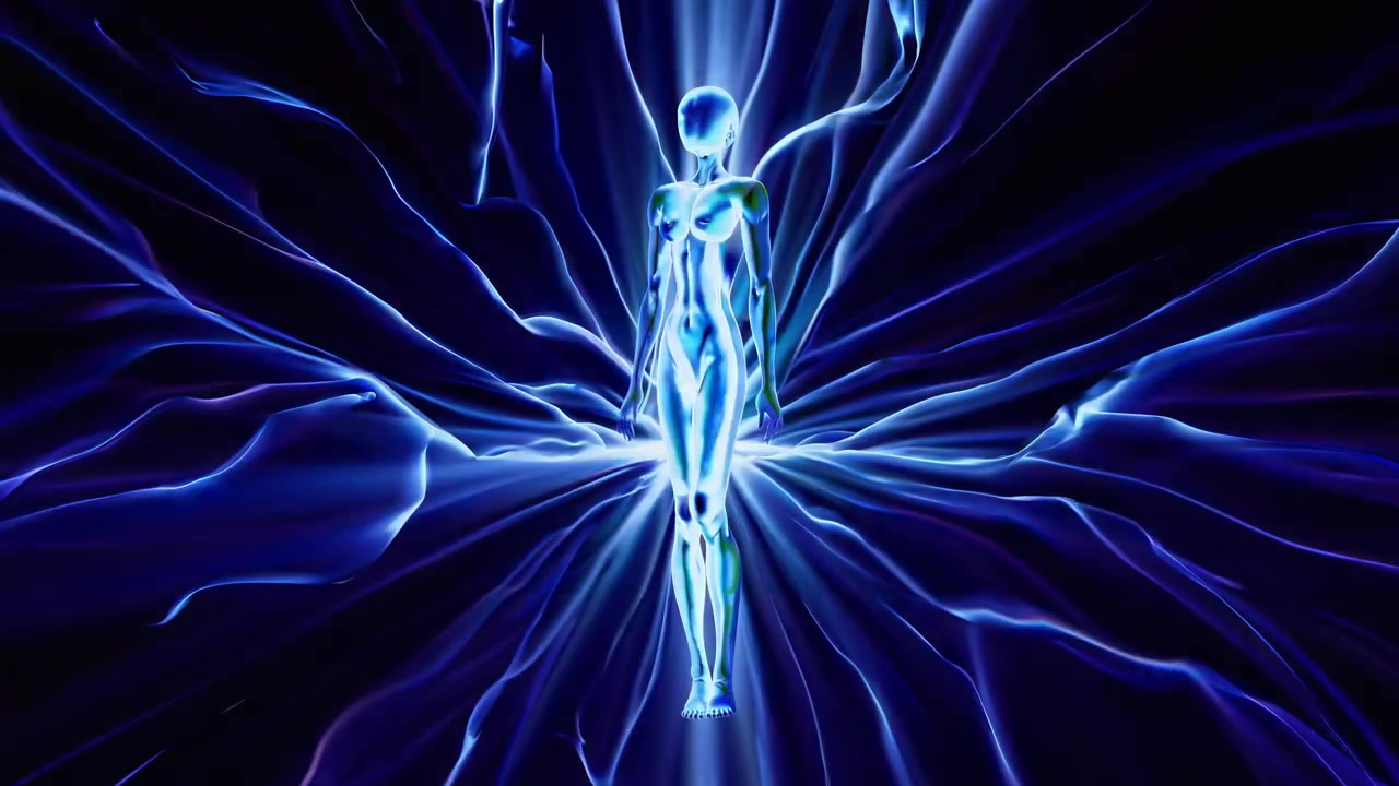 silhouette di donna con linee blu astratte luminose