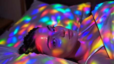woman bathed in colorful disco lights while lying on bed