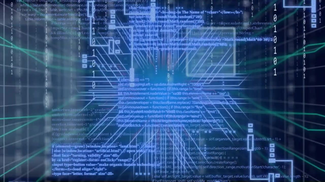 Central blue core pulsing, emitting magenta traces and tiles, streaming code and forming data hub