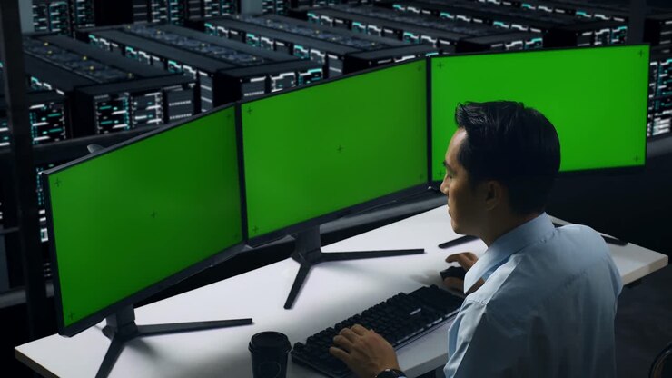 Bagfra set træt asiatisk mand, der gaber, mens han arbejder med mock-up af flere computerskærme i et datacenter