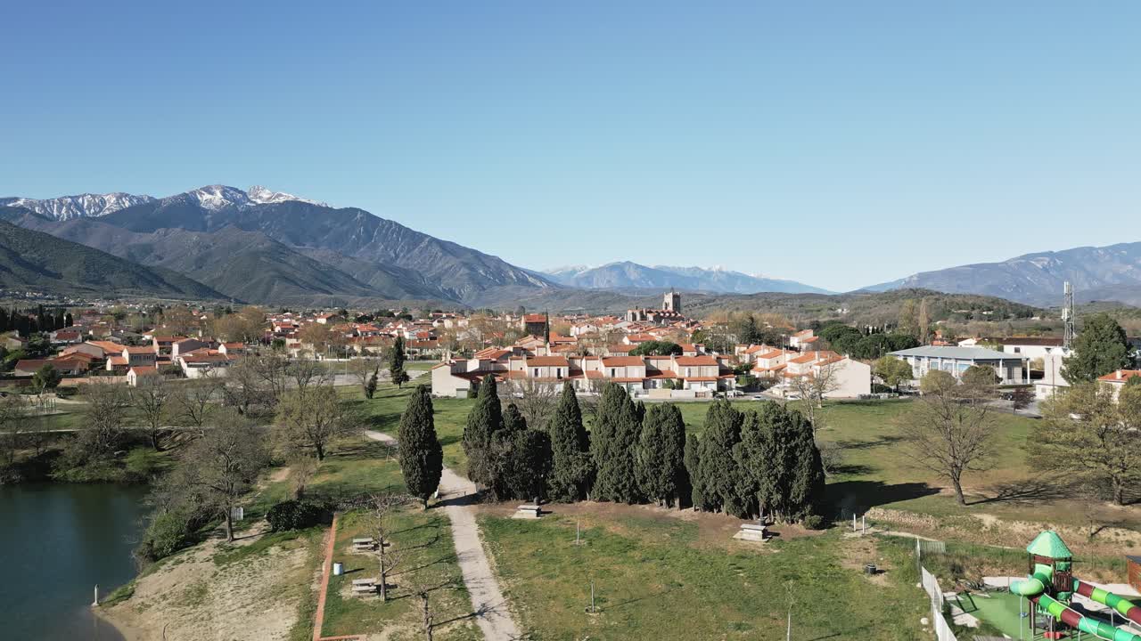 The town of Vin&ccedil;a near the Pyr&eacute;n&eacute;es-Orientales in Southern France, aerial