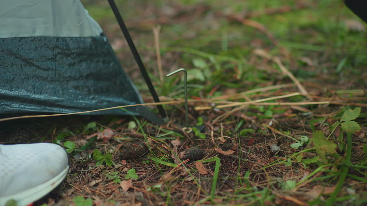 Close up of person hammering tent peg into forest ground with hand while another person white shoe is visible nearby, showing collaborative moment during camping tent setup in grassy woodland