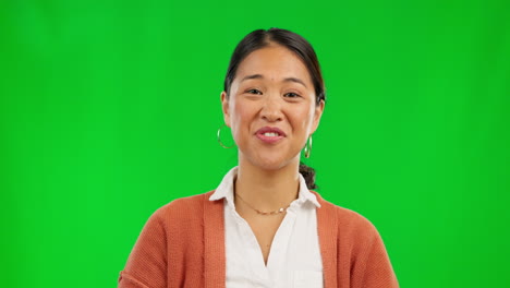 face, wave and woman in video call on green screen