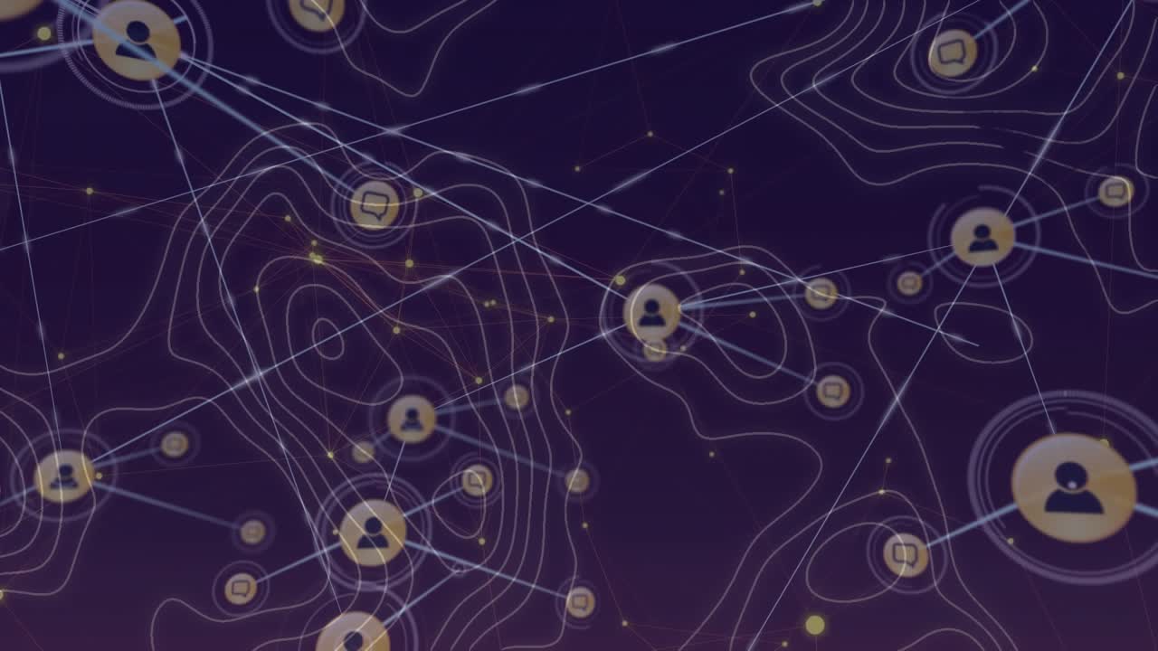 Animation of network of connections with icons and information and shopping cart icons on black