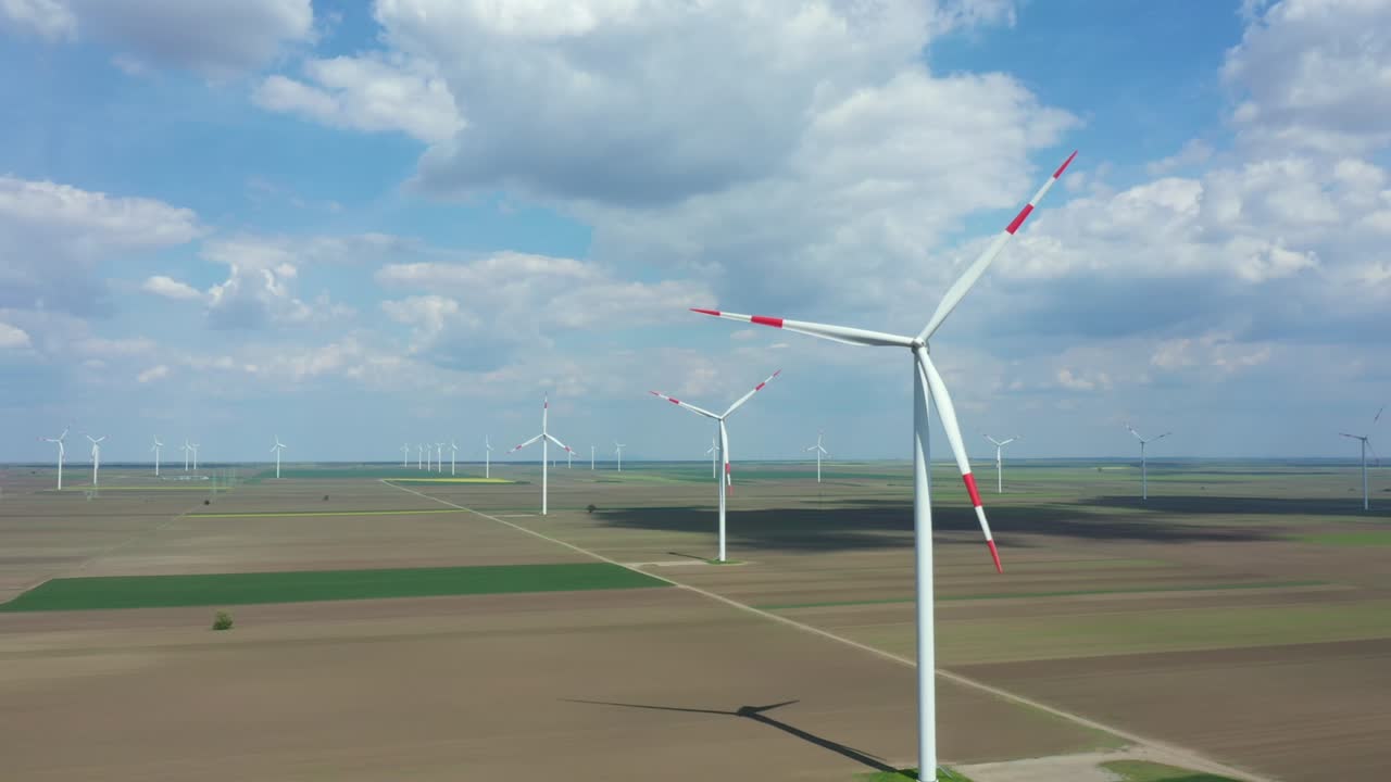 여러 풍력 공장, 풍력 발전기, 터빈, 운동 에너지를 변환하여 재생 가능한 깨한 에너지를 생산하는 항공 사진