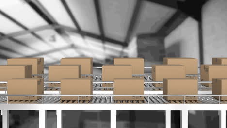 animación de cajas de cartón que se mueven en cintas transportadoras en el almacén