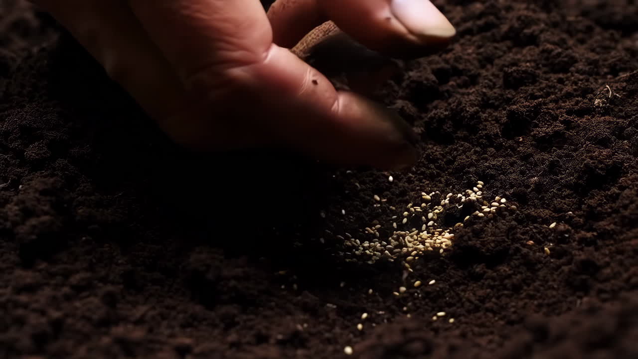 Close-up of a Hand Sowing Seeds into Dark Soil