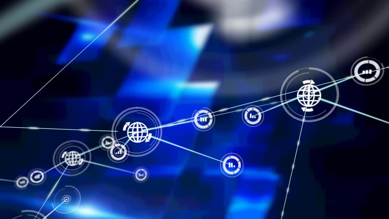 animación de redes de conexiones con iconos sobre formas azules sobre fondo negro