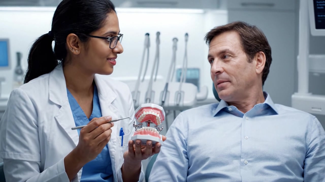 Dental Consultation: A Dental Professional Explains Oral Health Using a Model to Engage and Educate a Patient in the Clinic Setting