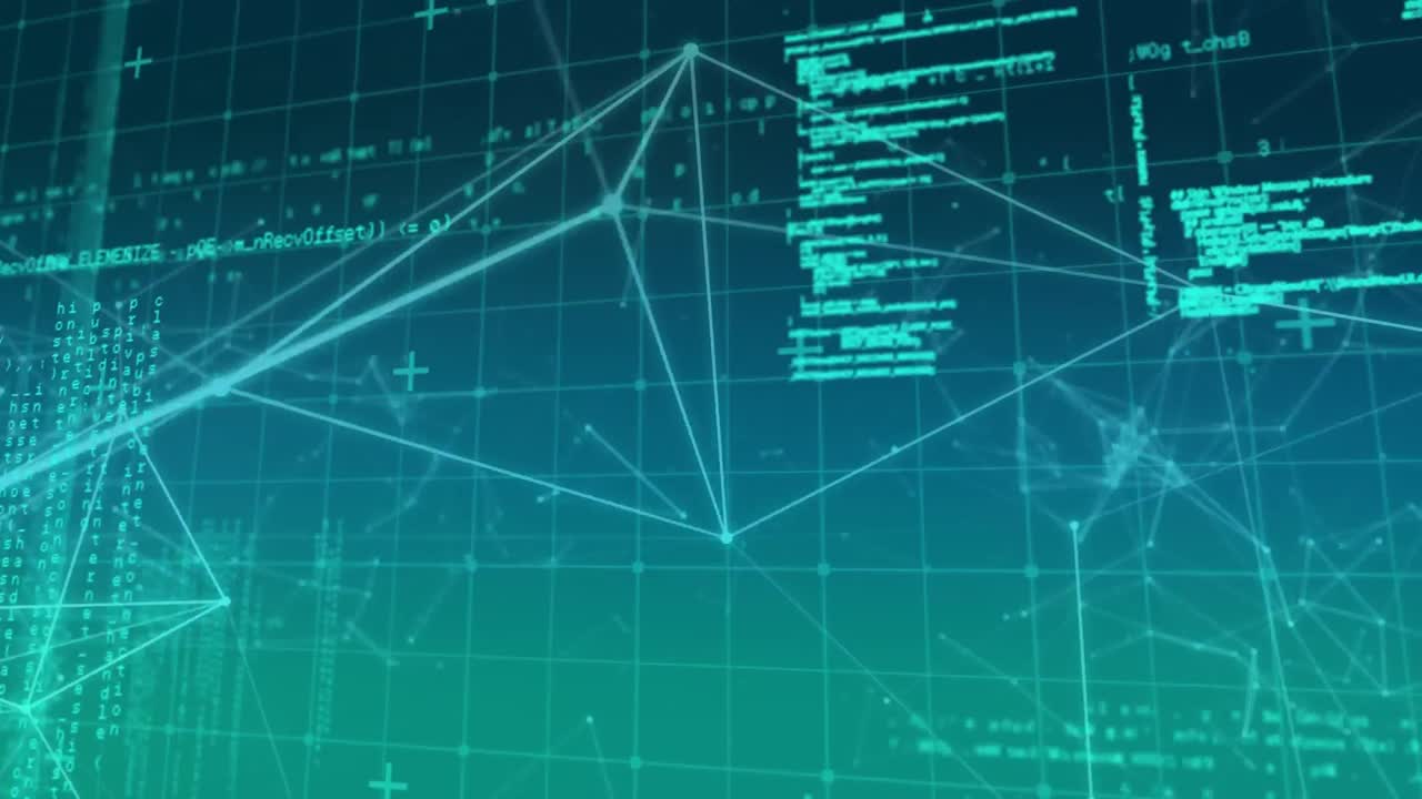 그리드 위에 떠다니는 기하학적 형상을 가진 연결 네트워크의 애니메이션