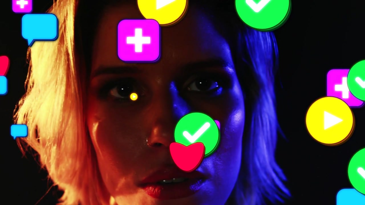 Female model holding gaze while camera cropping upward, social icons flooding face for marketing