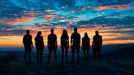 Sunset Hike With Friends at Scenic Overlook in Nature Preserve. A group of friends stands silhouetted against a stunning sunset at a breathtaking overlook
