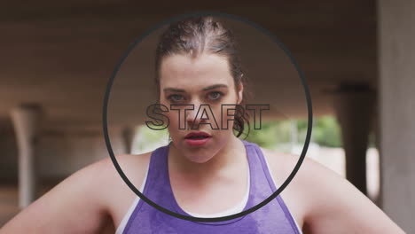 animation of start text in black circle outline over woman taking break in exercising in background