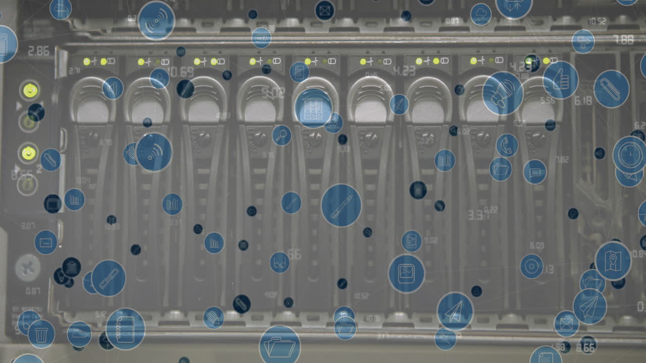 백그라운드에서 컴퓨터 서버를 통해 디지털 아이콘의 애니메이션