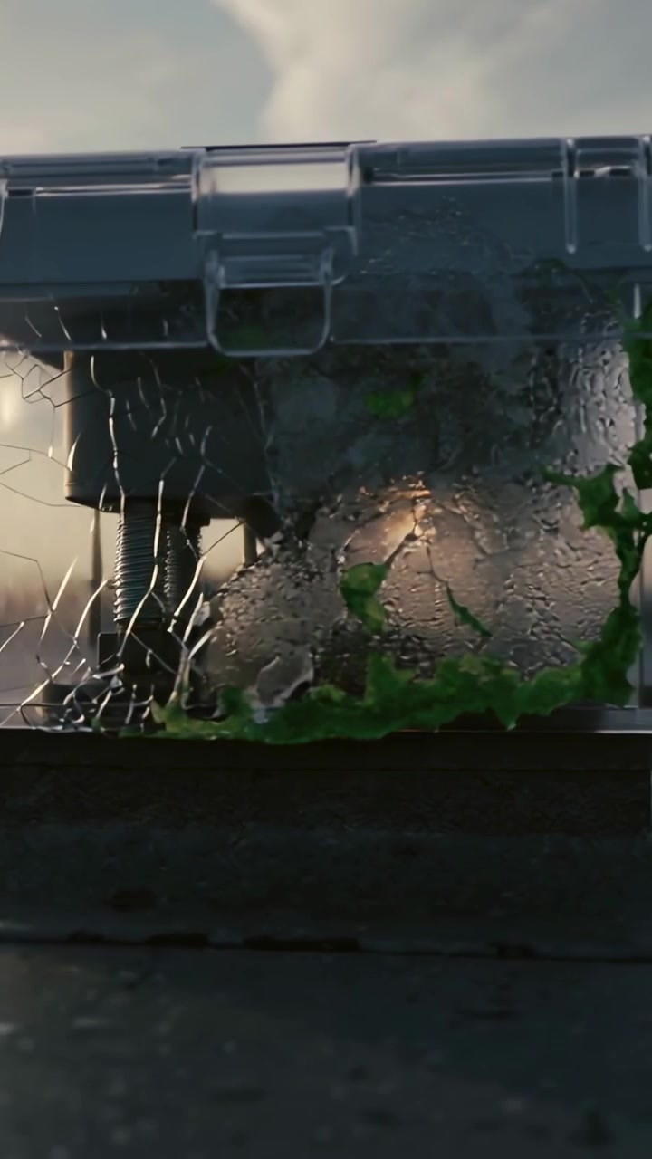 Video verticale: Cassa trasparente scintillante che si crepa sul tetto, da cui fuoriesce muschio verde, mostrando molle e bulloni.
