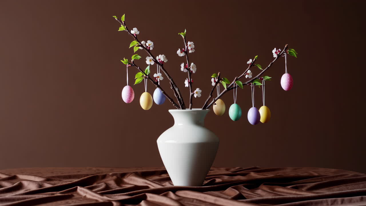 Easter Decoration with Colorful Eggs and Cherry Blossom Branches in a Vase