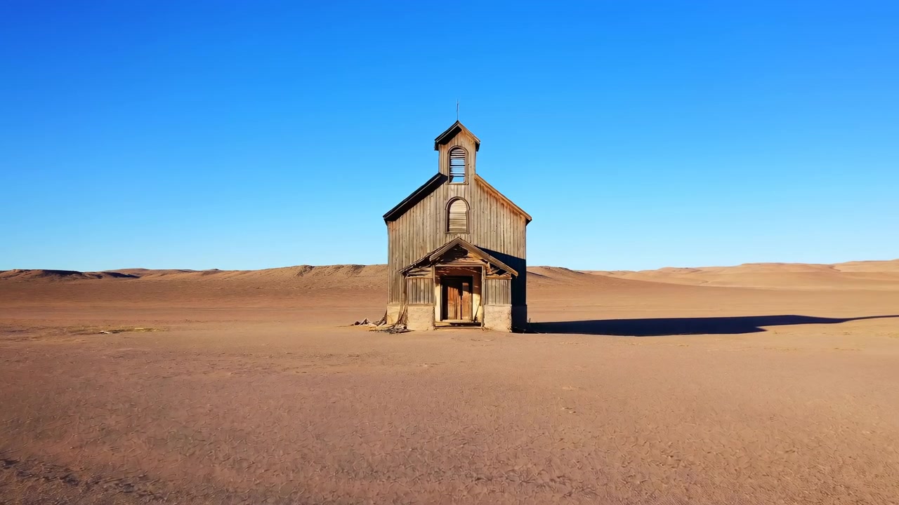 Una cappella in legno a due piani invecchiata con un piccolo campanile e una finestra ad arco sbarrata si erge al centro di una vasta pianura desertica crepata sotto un cielo azzurro limpido, creando una solitudine netta e una texture ruvida.