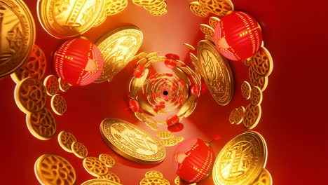 golden coins and red lanterns swirling tunnel for chinese new year