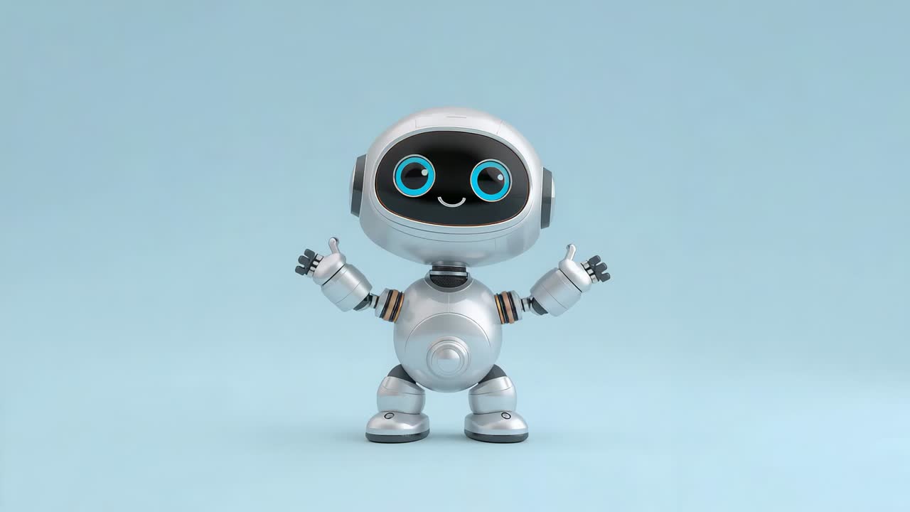 Zoom della camera, piccolo robot argentato che esegue uno spettacolo di luci orb pulsante in studio, che saluta la camera