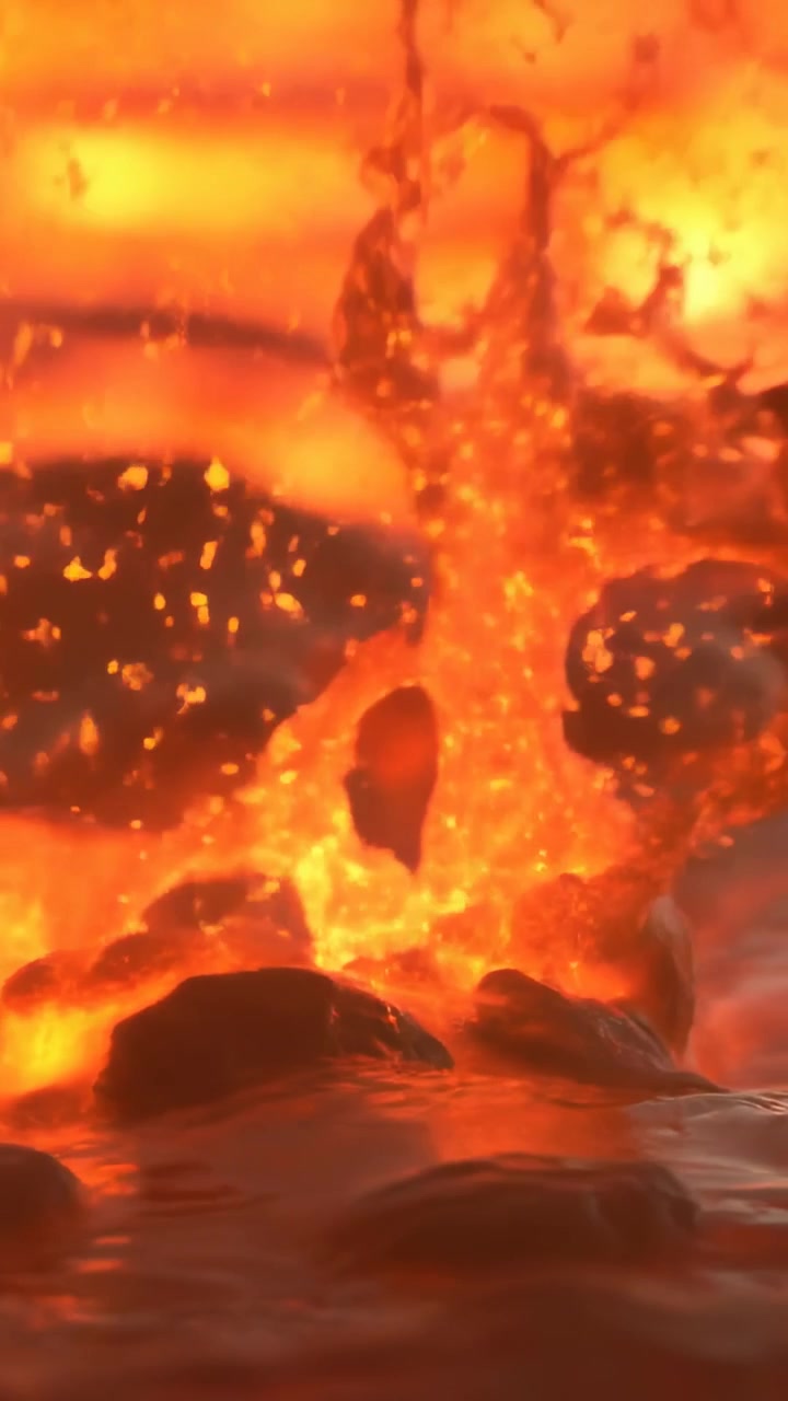 Video verticale: Cupola incandescente che si gonfia e cresce sopra la lava, la pressione fa esplodere la cupola in un pennacchio infuocato.