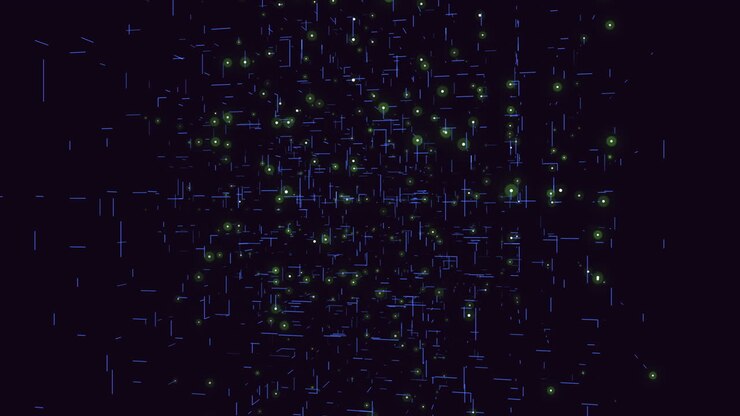 Complex 3d grid network of green dots and lines
