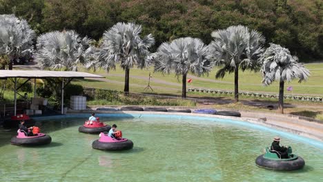 people enjoying bumper boats on a sunny day