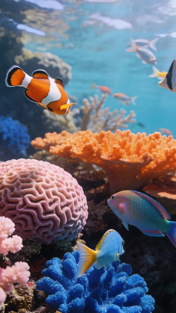 Vídeo vertical: Cámara grabando un pez payaso naranja nadando hacia el centro en un arrecife, acercándose a un coral.