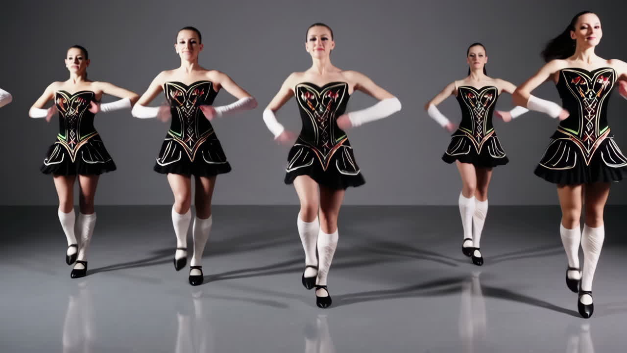 Group of Five Women Performing Irish Dance in Studio