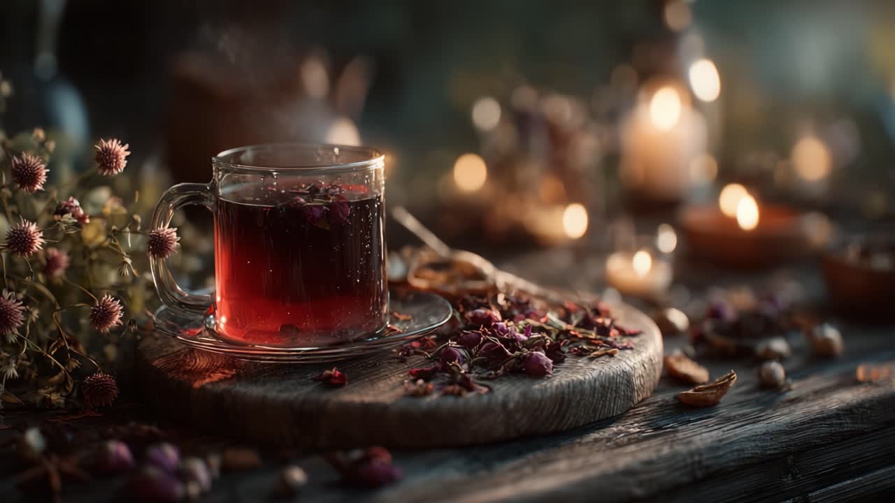 Una serata accogliente con tisana: Abbraccia il calore di infusi aromatici circondato dalla natura e dalla luce delle candele per il relax e la riflessione.