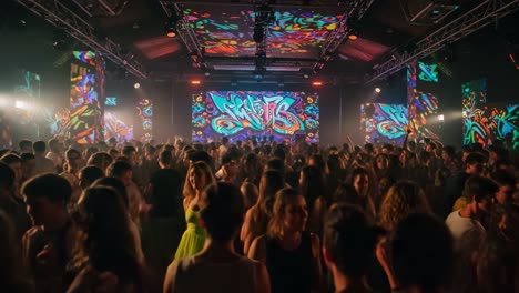 a vibrant night of music and dance at an electrifying party scene, filled with dazzling lights and colorful visuals, where everyone is enjoying the exciting atmosphere