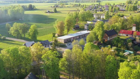 Drone-descends-below-treeline-hiding-countryside-rural-neighborhood-behind-yellow-green-vibrant-leafy-trees