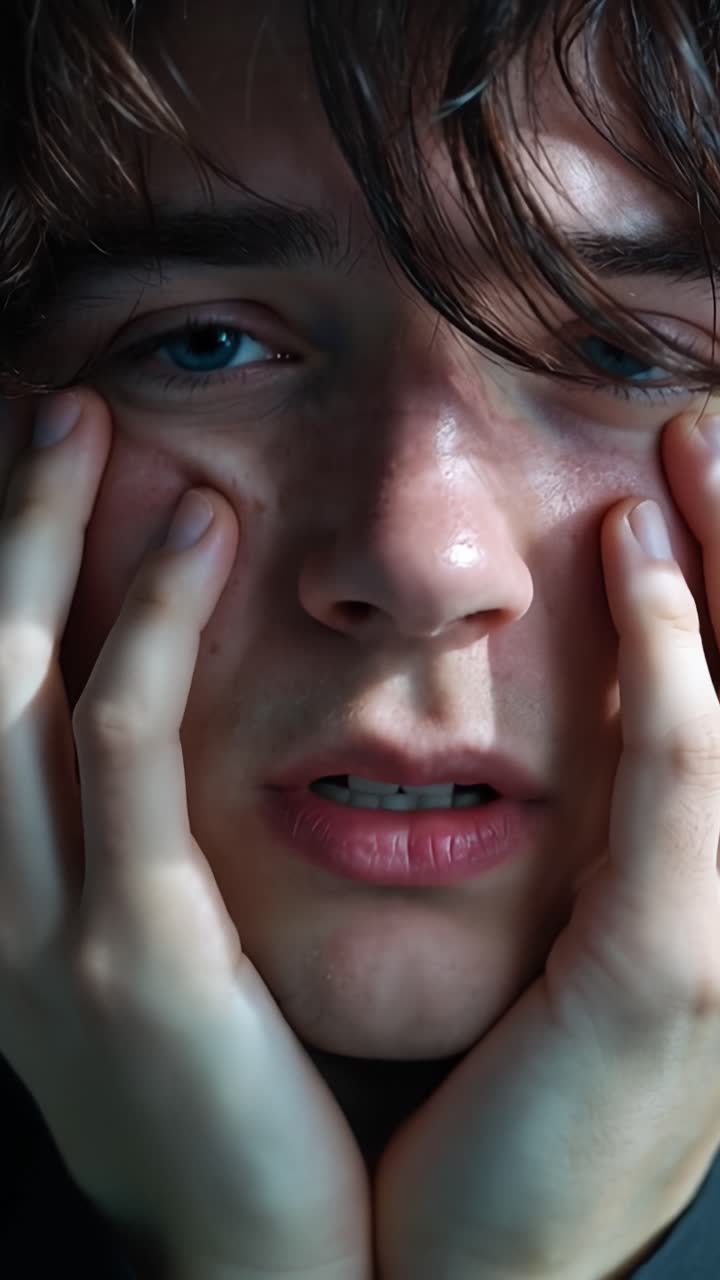 Joven apoya las manos en la cara. Ojos cerrados, labios ligeramente entreabiertos. Una iluminación suave resalta sus rasgos. La emoción sugiere contemplación o fatiga. Ideal para escenas de ambiente, momentos introspectivos.
