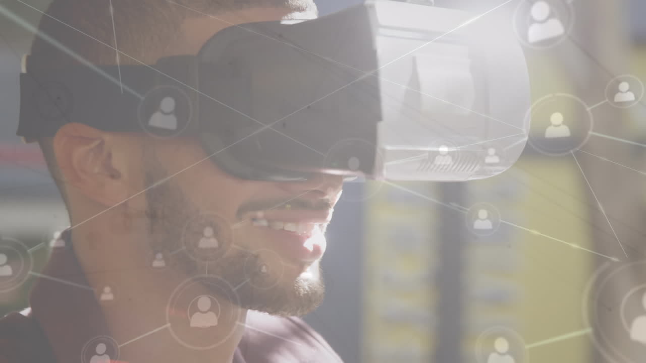 Animazione di una rete di connessioni su un professionista che utilizza un visore VR