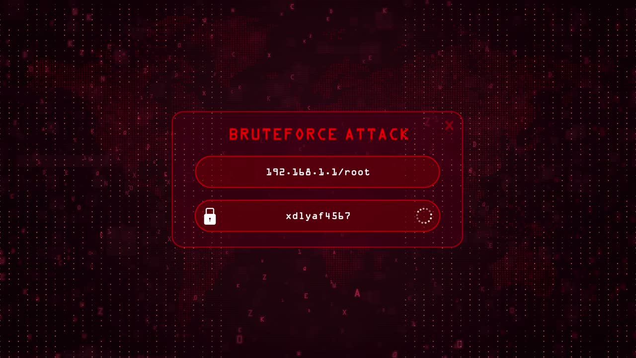 Bruteforce Computer Hacking attack over red binary background with digital world map. Brute Force system password hacking concept