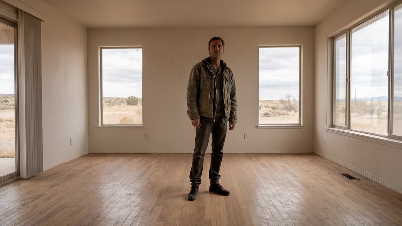 Standing man in jacket boots watching tumbleweed rolling from right across room, windows door plain
