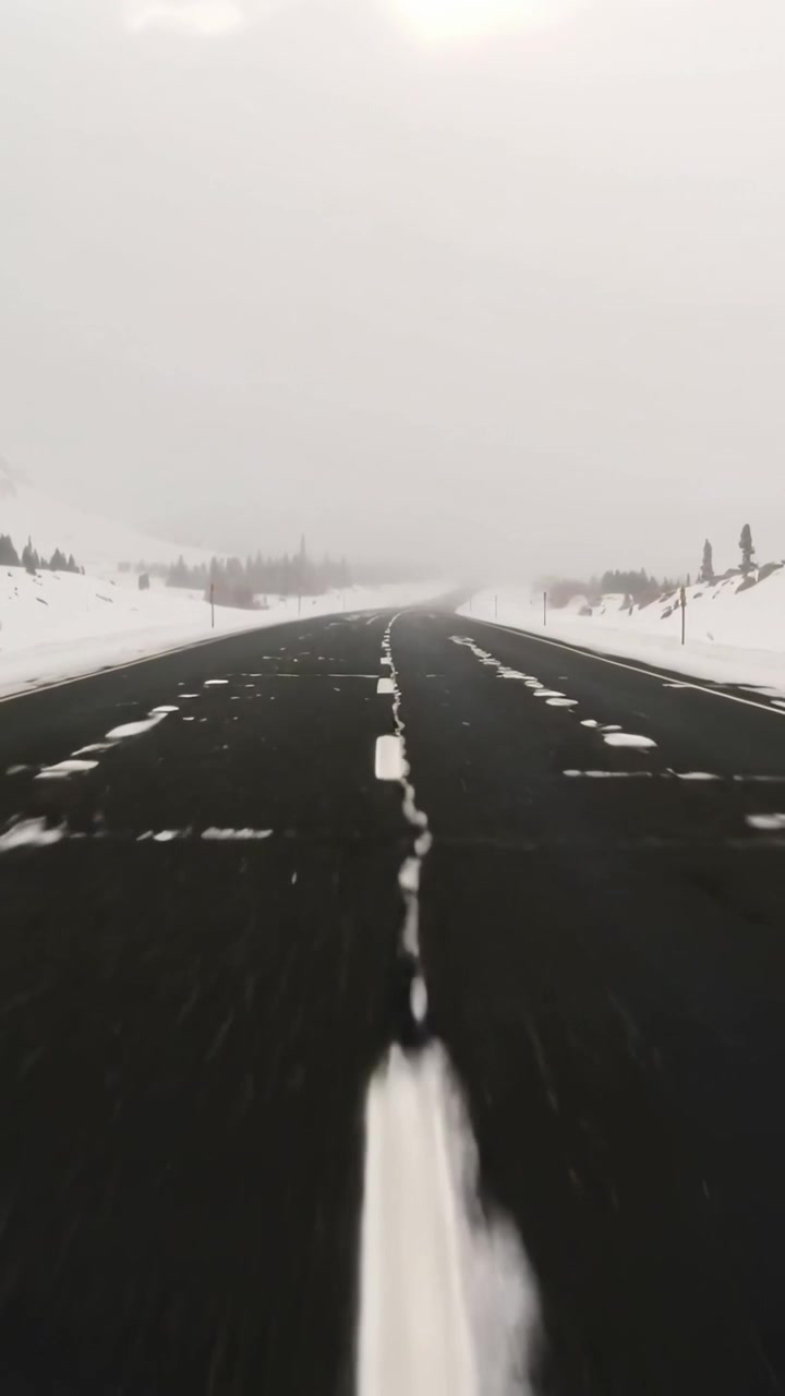 Vertical video: Moving car, dashcam filming dashed lane line down snowy highway, navigating fog