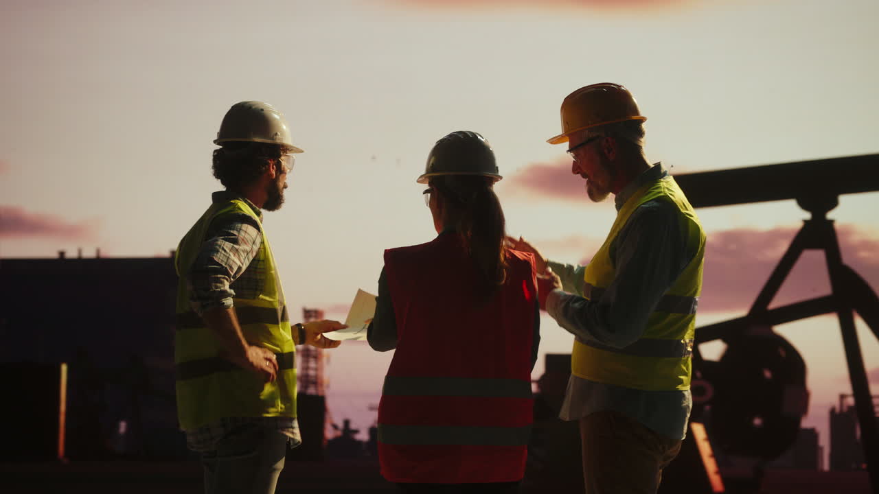 Engineers or workers discussing plans at an oil field at sunset
