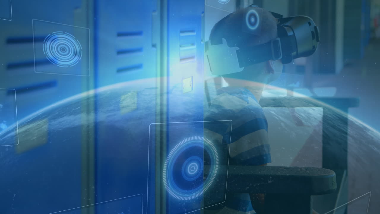 Animation of scopes scanning and globe over schoolboy wearing vr headset