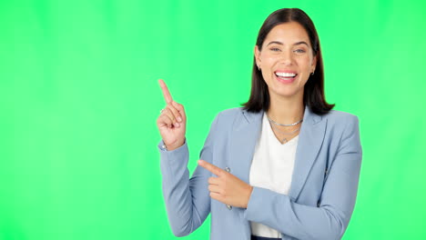 negocios, mujer feliz y cara en pantalla verde