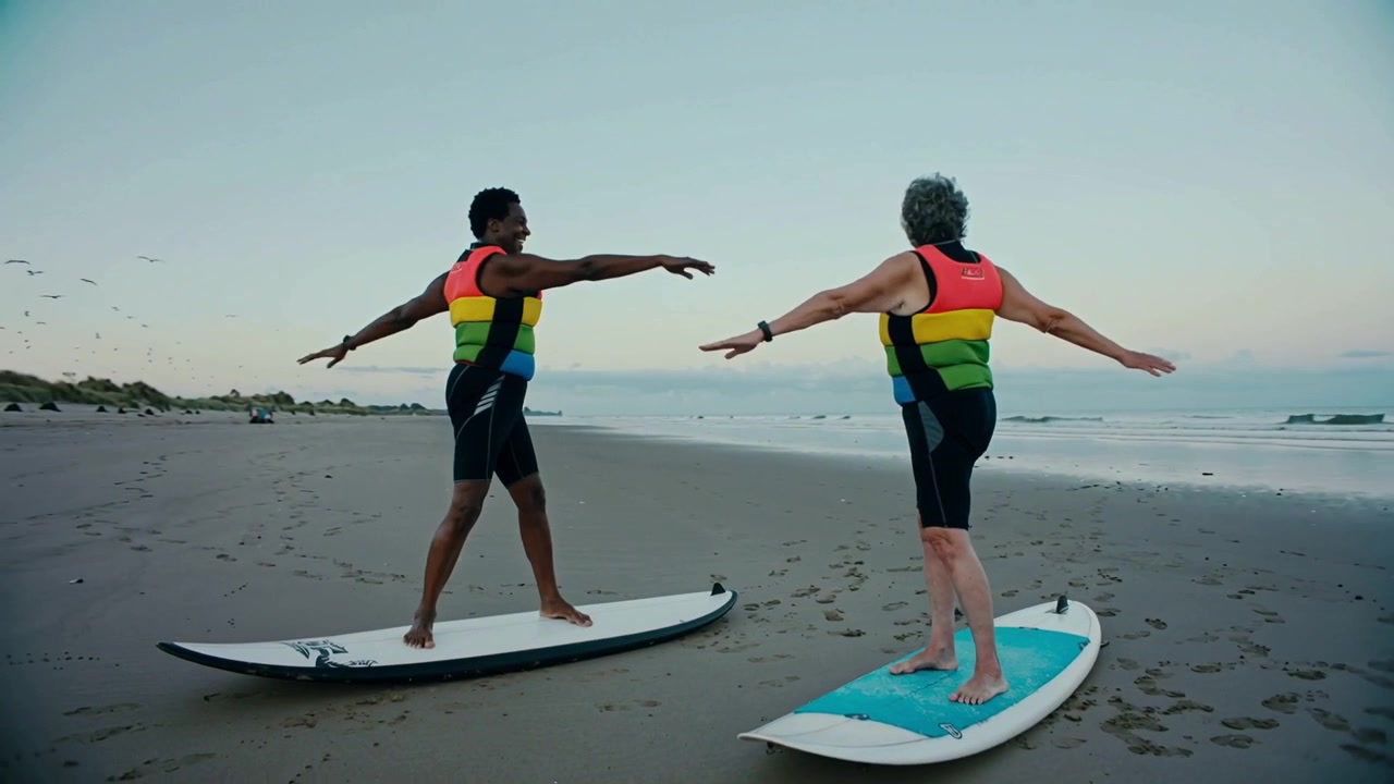 Due donne che praticano esercizi di equilibrio sulla tavola da surf in spiaggia