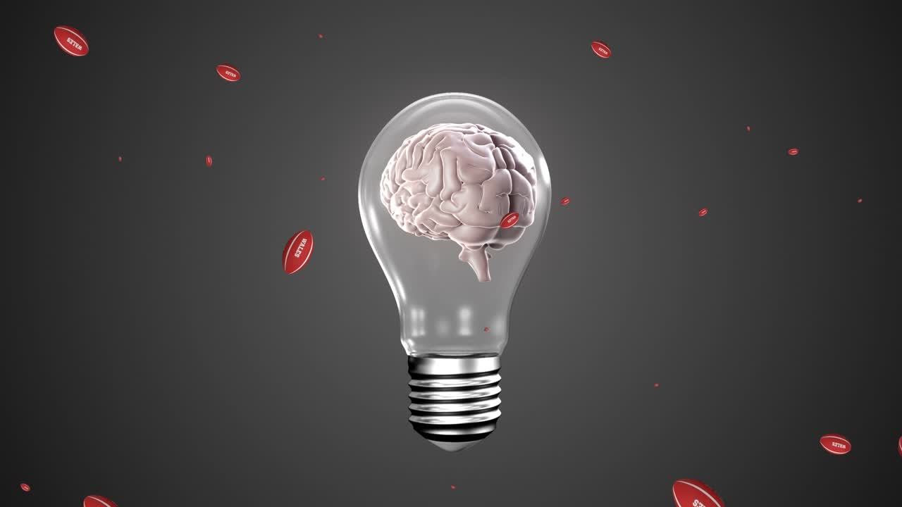Animazione di palloni da rugby con balene sopra una lampadina con un cervello.